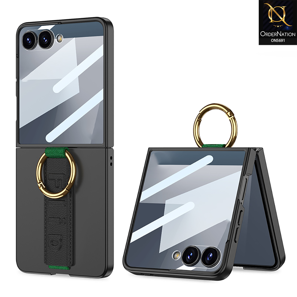 Samsung Galaxy Z Flip 7 Cover - Black - New Premium TPU Clear Case With Belt Strap For Holding Options Designed By GKK