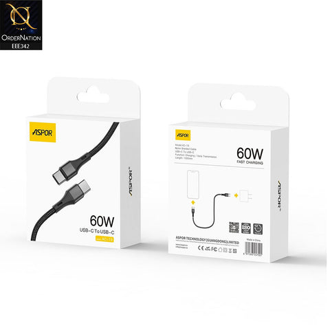 Aspor AC-19 60W Type-C To Type-C Fast Charging Data Cable 1M - Black