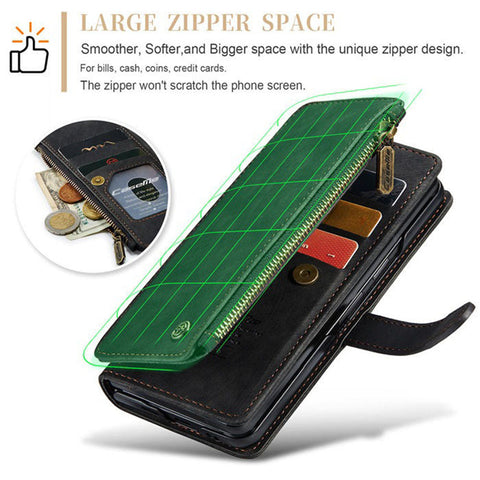 Samsung Galaxy Z Fold 3 5G Cover - Black - CaseMe Premium Leather Zipper Wallet kickstand Case with Wrist Strap
