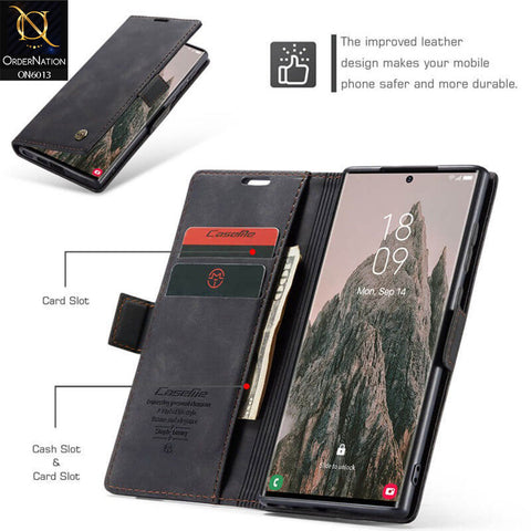 Samsung Galaxy S24 Ultra Cover - Black - CaseMe Luxury Retro Suede Leather Wallet Flip Book Case