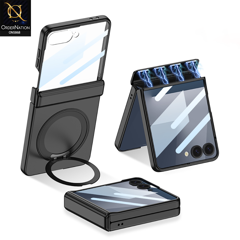 Samsung Galaxy Z Flip 7 Cover - Black - New Premium Quality Ultra Thin Pc Shell Case With Glass Protection Rotating Bracket Designed By GKK