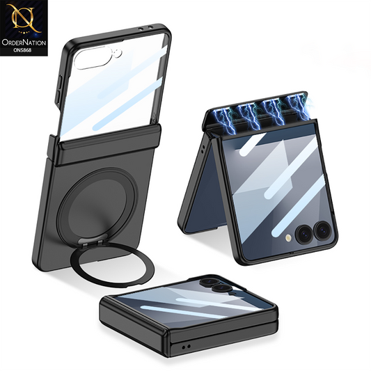 Samsung Galaxy Z Flip 7 Cover - Black - New Premium Quality Ultra Thin Pc Shell Case With Glass Protection Rotating Bracket Designed By GKK