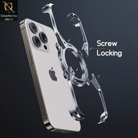 iPhone 15 Pro Max Cover - Silver - 360° Stand Rimless Bumper Alloy Magnetic Frameless Shockproof Metal Cover