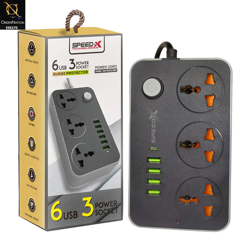 SpeedX Multi Power Strip Plug Extension Board with 4 USB Ports + 3 Sockets + 1 Type C Charging Universal Travel Charging Adapter Surge Protector  - Black
