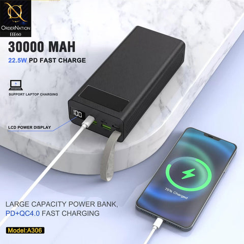 ASPOR A306 30000mAh Power Bank LCD Display 22.5W and 20W PD - Black