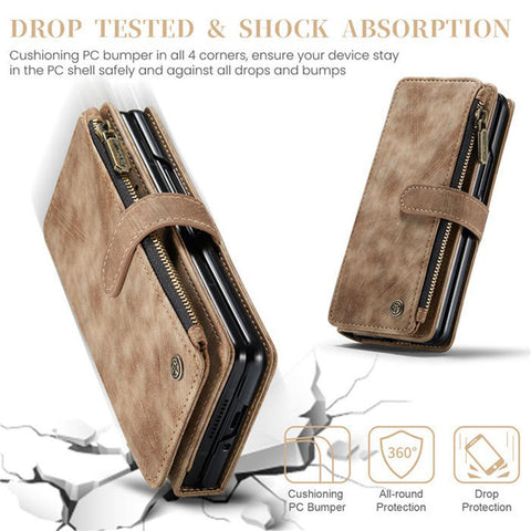 Samsung Galaxy Z Fold 4 5G Cover - Coffee - CaseMe Premium Leather Zipper Wallet kickstand Case with Wrist Strap