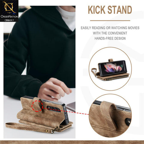 Samsung Galaxy Z Fold 4 5G Cover - Coffee - CaseMe Premium Leather Zipper Wallet kickstand Case with Wrist Strap