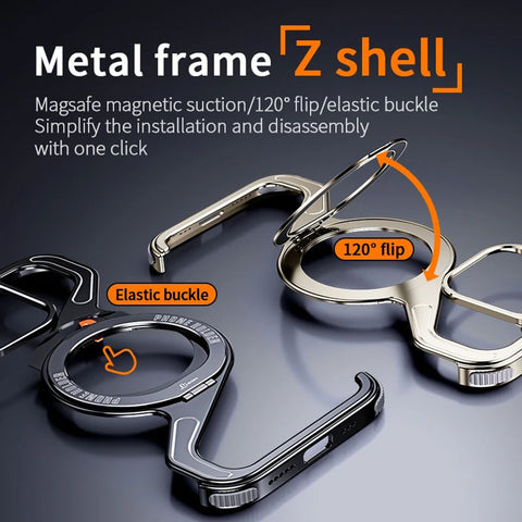 iPhone 15 Pro Max Cover - Silver - Magnetic Metal Snap-on Z Shape Geometry Stand Holder Case