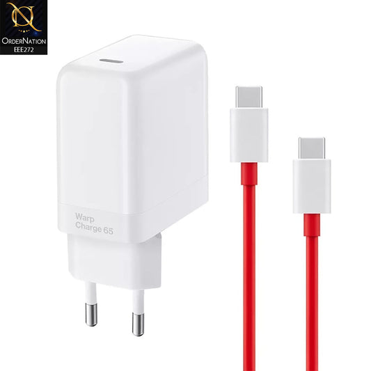 Charger 65 W Power Adapter Usb C-Type Cable Warp Charger 65w Fast Charger Suitable with OnePlus Models- White