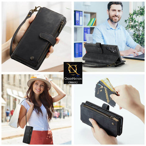 Samsung Galaxy S24 Ultra Cover - Black - CaseMe Premium Leather Zipper Wallet kickstand Case with Wrist Strap