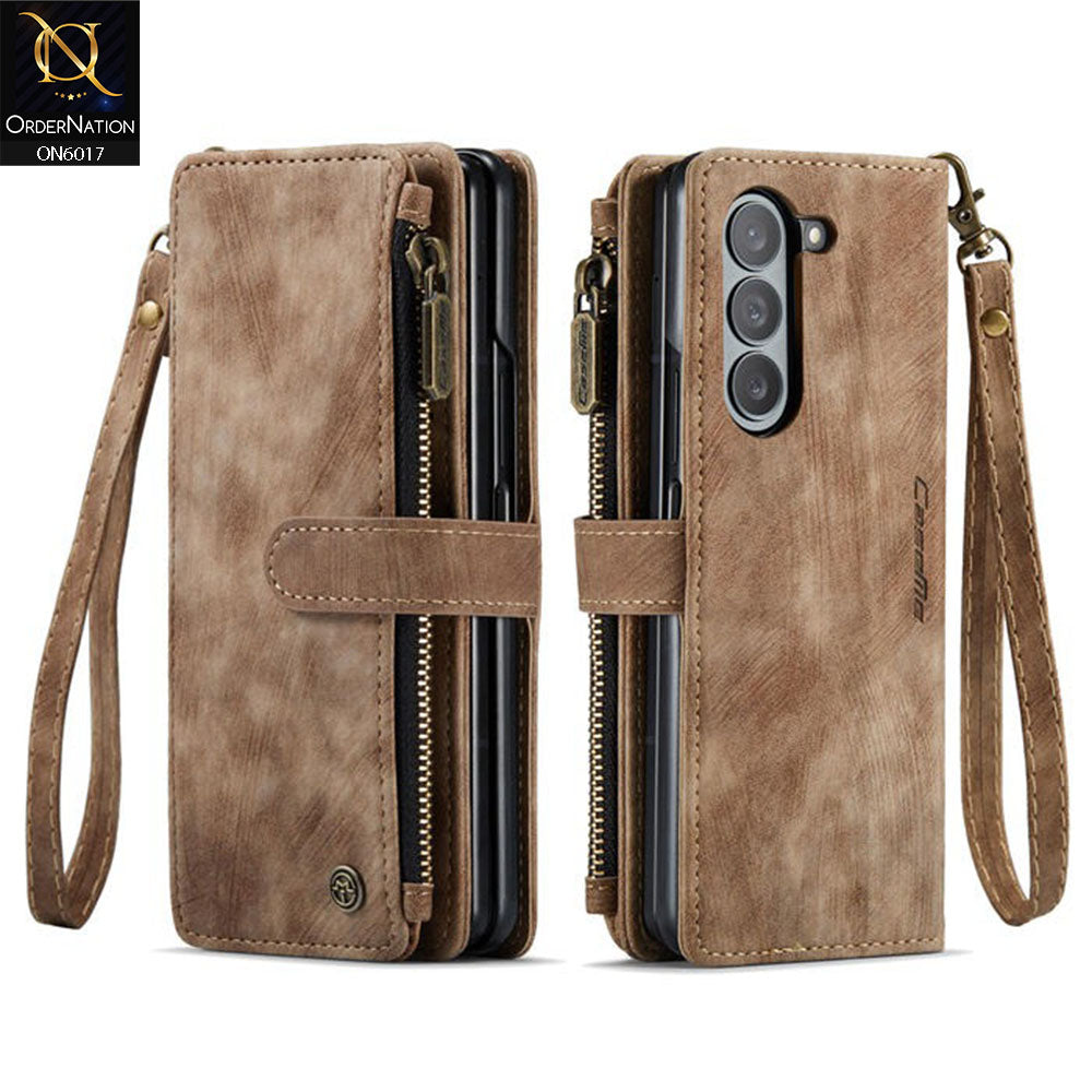 Samsung Galaxy Z Fold 5 5G Cover - Coffee - CaseMe Premium Leather Zipper Wallet kickstand Case with Wrist Strap