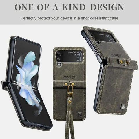 Samsung Galaxy Z Flip 4 5G Cover - Brown - Autspace Retro Leather Advance Shockproof Flip Walet Case With Wrist Strap