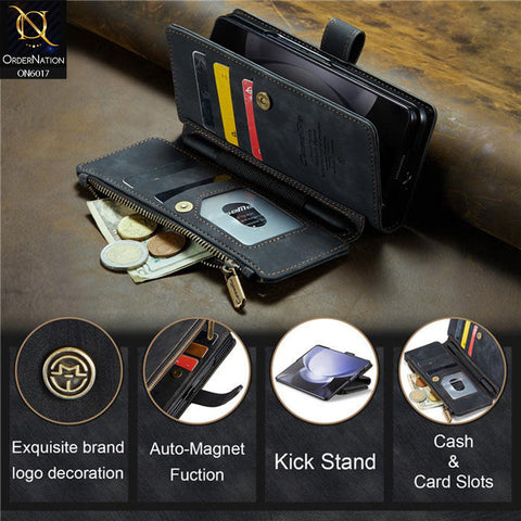 Samsung Galaxy Z Fold 3 5G Cover - Black - CaseMe Premium Leather Zipper Wallet kickstand Case with Wrist Strap