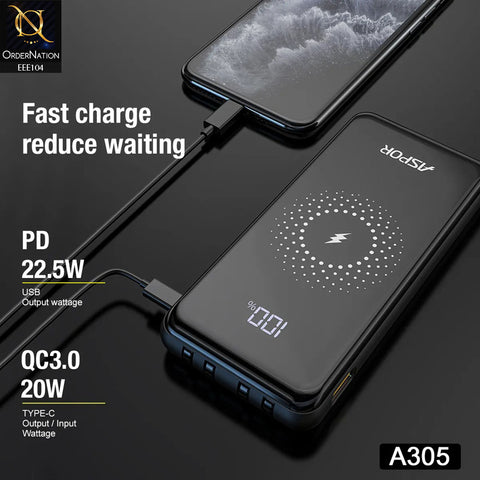 Aspor A305 All in1 Power Bank 10000 MAH 15W Wireless Charging LCD Digital Display With 4 Cables - Black