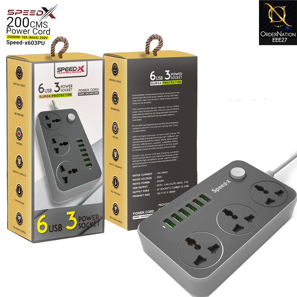 peed-X 603PU Power Universal Travel 3 Socket + 6USB- Black&Gray