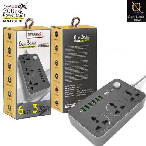 peed-X 603PU Power Universal Travel 3 Socket + 6USB- Black&Gray