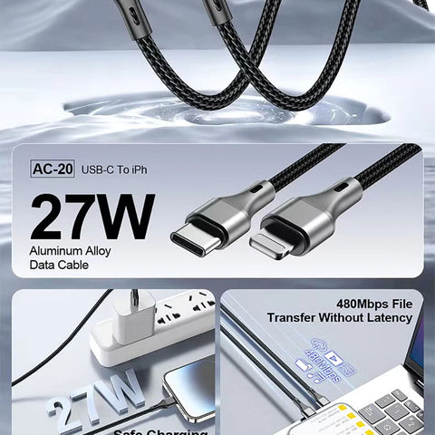 Aspor AC-20 27W Type-C To Lightning Fast Charging Nylon Braided Data Cable 1.2M - Black