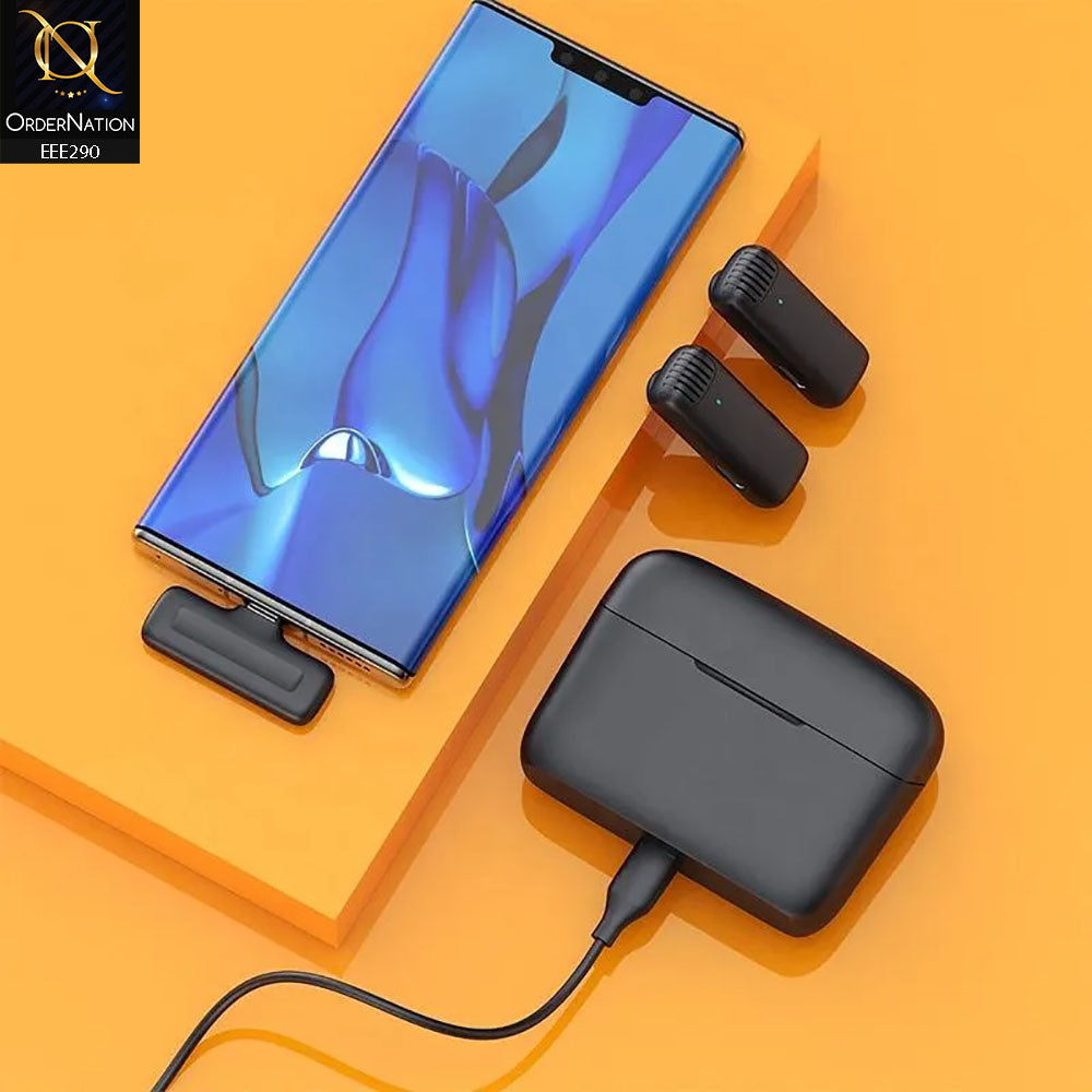 J13 Type-C Portable ANC Dual Wireless Lavalier Microphone With Charging Case - Black