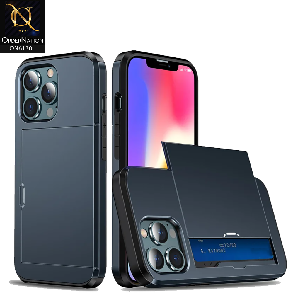 iPhone 16 Pro Max Cover - Navy Blue - Mobile Case Sliding Wallet Card Holder and shockproof bumper edges
