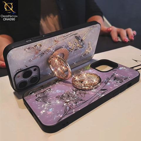 iPhone 15 Pro Max Cover - Golden - Cute Bling Diamond Butterfly Flower with Ring Stand,Glitter Girly Pearl Back Soft Silicone Cover