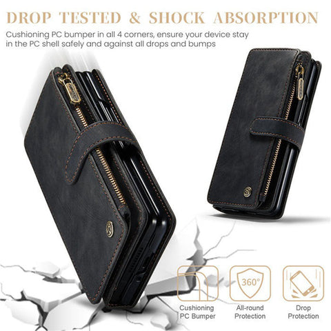 Samsung Galaxy Z Fold 4 5G Cover - Black - CaseMe Premium Leather Zipper Wallet kickstand Case with Wrist Strap
