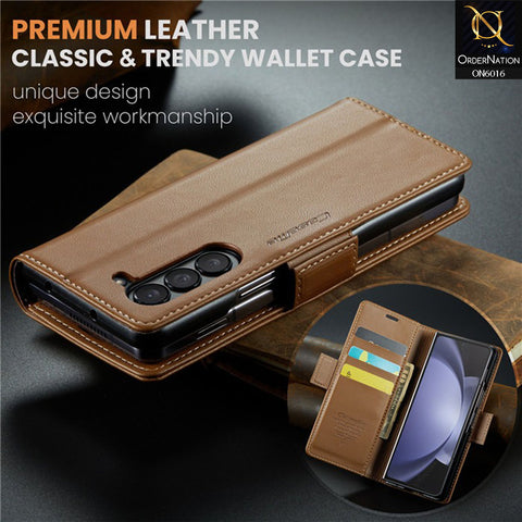 Samsung Galaxy Z Fold 5 5G Cover - Brown - CaseMe Classic Leather Wallet RFID Blocking Magnetic Buckle Flip Book Case