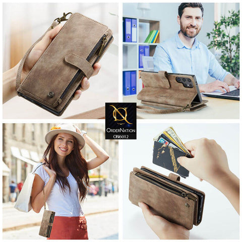 Samsung Galaxy S24 Ultra Cover - Coffee - CaseMe Premium Leather Zipper Wallet kickstand Case with Wrist Strap