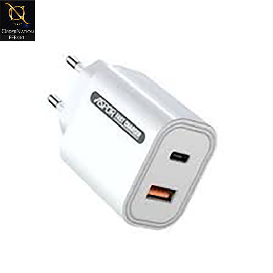 Aspor - A821 Type C Dual-Port iPhone Charger 20W Pd Fast Charger - White