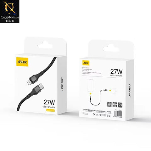 Aspor AC-20 27W Type-C To Lightning Fast Charging Nylon Braided Data Cable 1.2M - Black