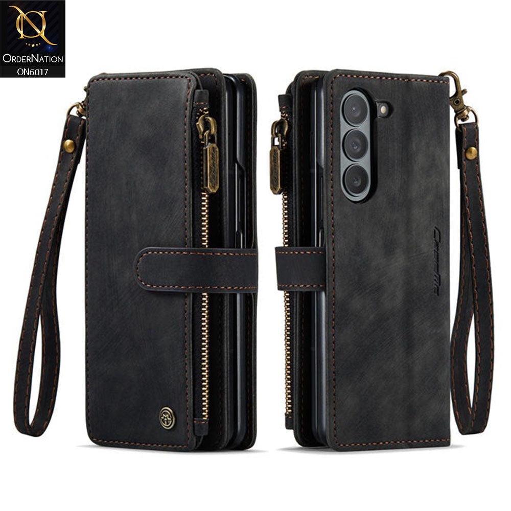 Samsung Galaxy Z Fold 5 5G Cover - Black - CaseMe Premium Leather Zipper Wallet kickstand Case with Wrist Strap