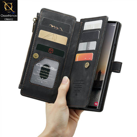 Samsung Galaxy S24 Ultra Cover - Black - CaseMe Premium Leather Zipper Wallet kickstand Case with Wrist Strap