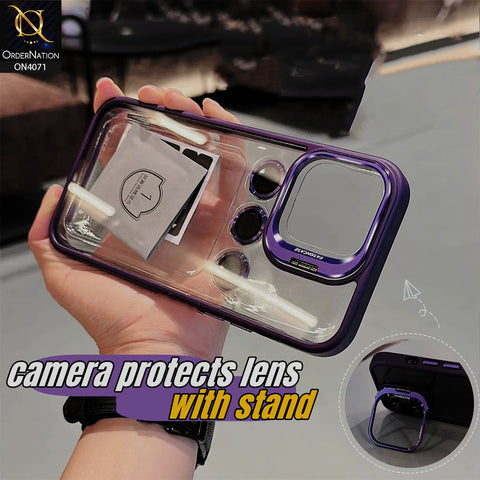 iPhone 15 Pro - Purple - Easoncase PC Hard Clear Case Flip Camera Cover Soft TPU Bumper Case with Built-in Camera Stand