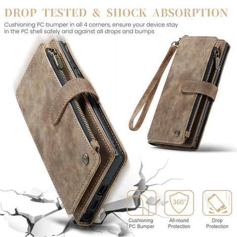 Samsung Galaxy S24 Ultra Cover - Coffee - CaseMe Premium Leather Zipper Wallet kickstand Case with Wrist Strap