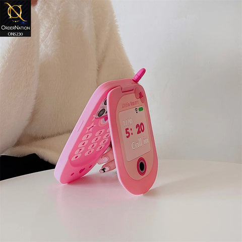 iPhone 15 Cover - Pink - Cute 3D Retro Mirror Flip Phone Style Soft Silicone Case