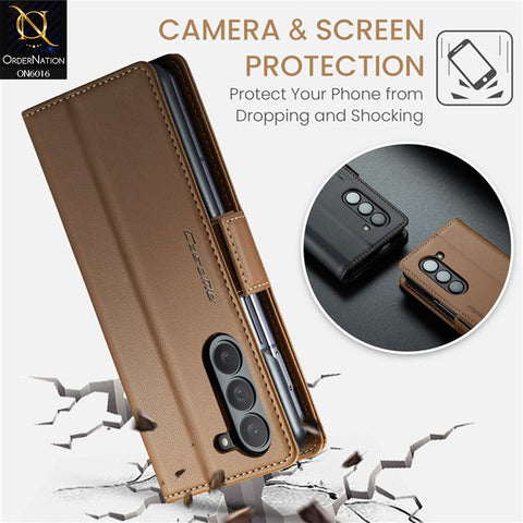 Samsung Galaxy Z Fold 5 5G Cover - Brown - CaseMe Classic Leather Wallet RFID Blocking Magnetic Buckle Flip Book Case