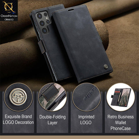 Samsung Galaxy S24 Ultra Cover - Black - CaseMe Luxury Retro Suede Leather Wallet Flip Book Case