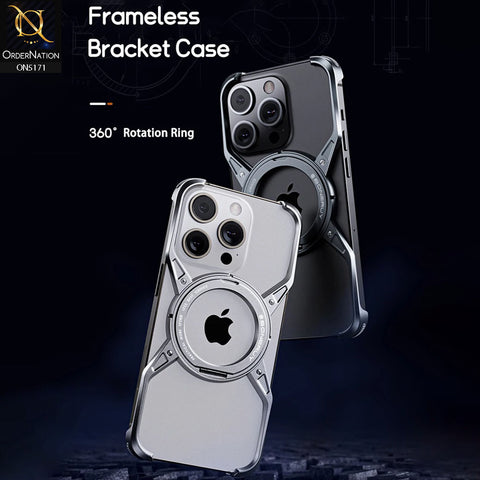 iPhone 15 Pro Max Cover - Silver - 360° Stand Rimless Bumper Alloy Magnetic Frameless Shockproof Metal Cover