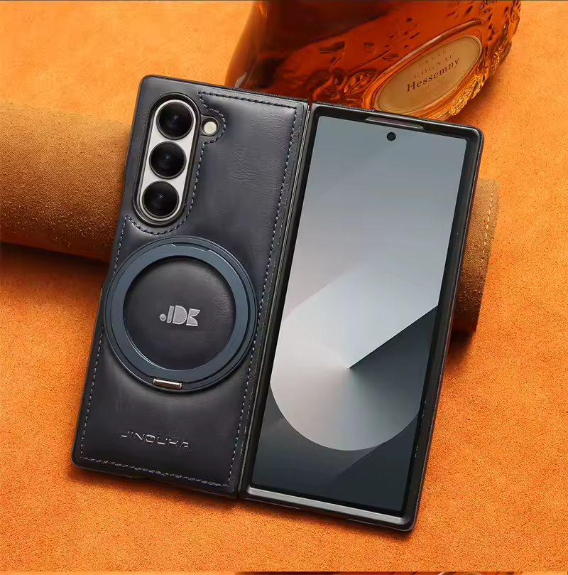Samsung Galaxy Z Fold 7 Cover - Blue - New JINDUKA Premium Leather Case With Metal Kick Stand And Wireless Charging Option
