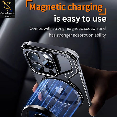 iPhone 15 Pro Max Cover - Silver - Magnetic Metal Snap-on Z Shape Geometry Stand Holder Case