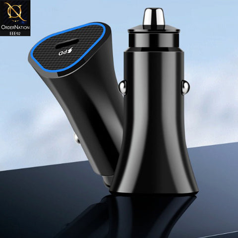 25W PD Type-C Adaptive Fast Car Charger With Type-C to C Cable - Black