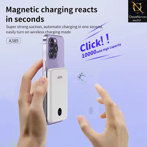 Aspor A385 10000 mAh 20W Magsafe PowerBank (Wireless: 15W & Type C: 20W) - Black