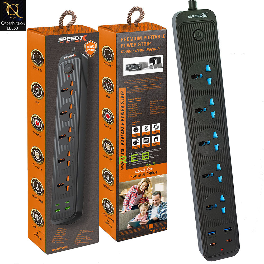 504pu Speed-X Premium Portable Power Strip 5socket+2usb Port+2 TYPE C USB - Black