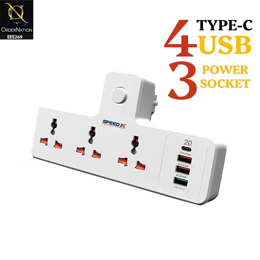 304PUC Premium Portable Power Strip 3 Socket + 3 USB + TYPE-C Port  - White