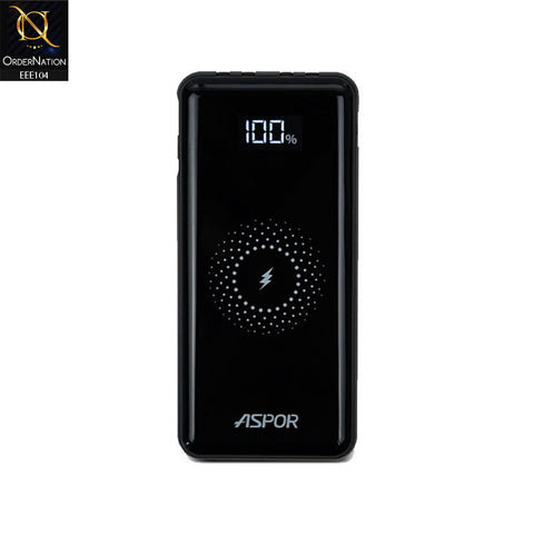 Aspor A305 All in1 Power Bank 10000 MAH 15W Wireless Charging LCD Digital Display With 4 Cables - Black