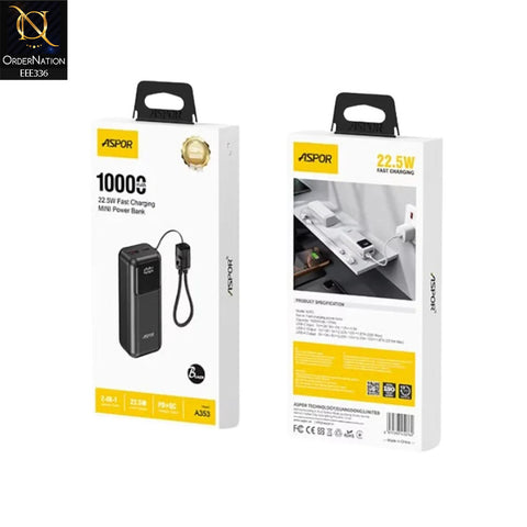 Aspor A353 10000mAh 22.5W Fast Charging Mini Power Bank - Black