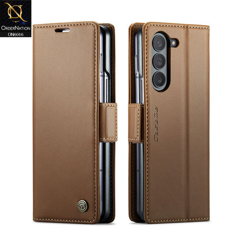 Samsung Galaxy Z Fold 5 5G Cover - Brown - CaseMe Classic Leather Wallet RFID Blocking Magnetic Buckle Flip Book Case