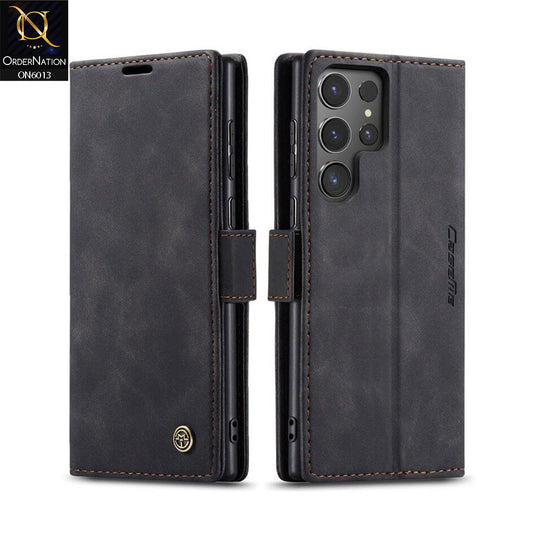 Samsung Galaxy S24 Ultra Cover - Black - CaseMe Luxury Retro Suede Leather Wallet Flip Book Case