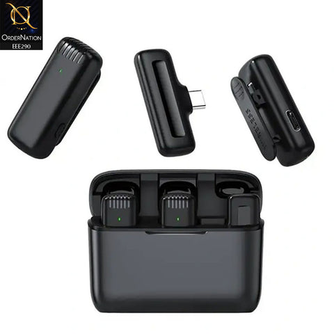 J13 Type-C Portable ANC Dual Wireless Lavalier Microphone With Charging Case - Black