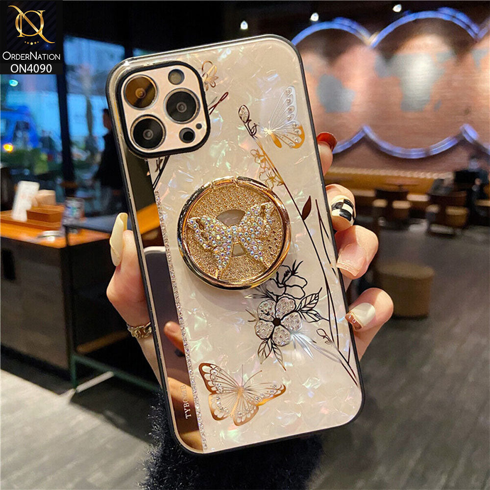 iPhone 13 Pro Max Cover - Golden - Cute Bling Diamond Butterfly Flower with Ring Stand,Glitter Girly Pearl Back Soft Silicone Cover