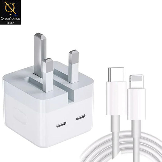 35W Dual USB Type-C to C Power Adapter UK Folding Pins With Type-C To Lightning Cable - White